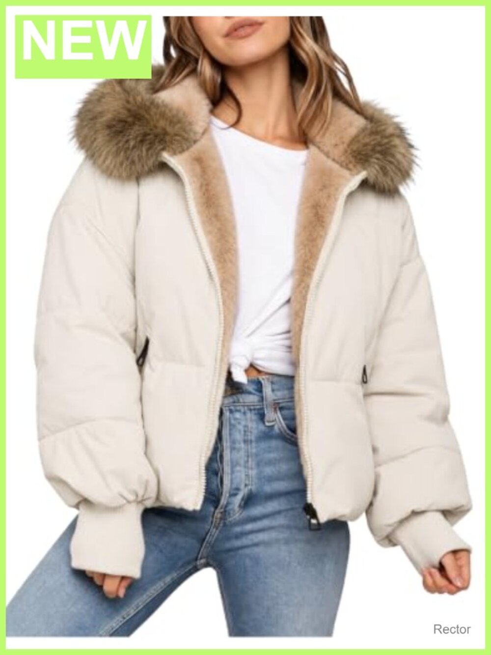 Cropped Puffer Jacket Quilted Hooded Faux Fur Sherpa Lined Winter Coat